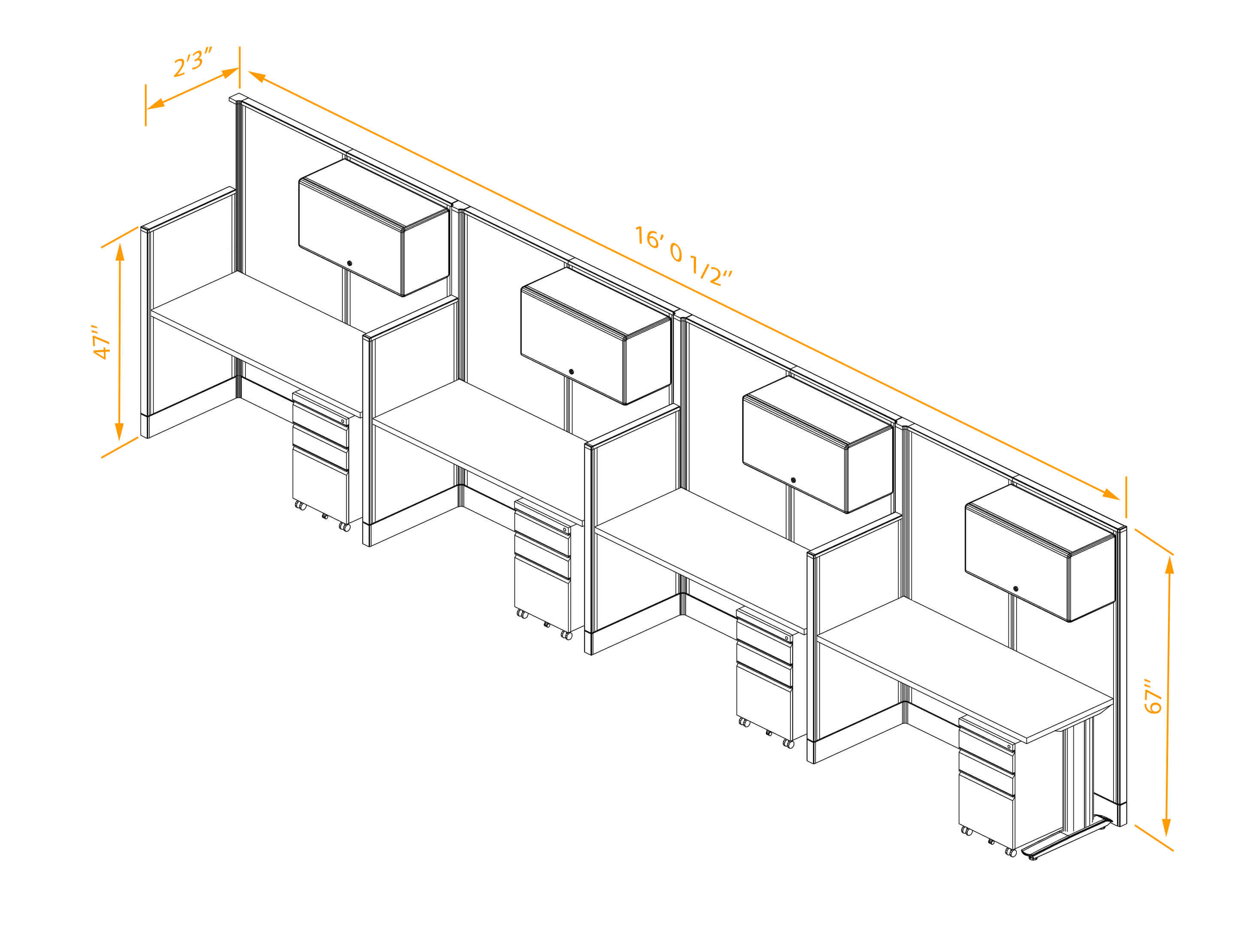 Straight workstations 4pack inline non powered with storage dimensions Straight workstations 4pack inline non powered with storage dimensions