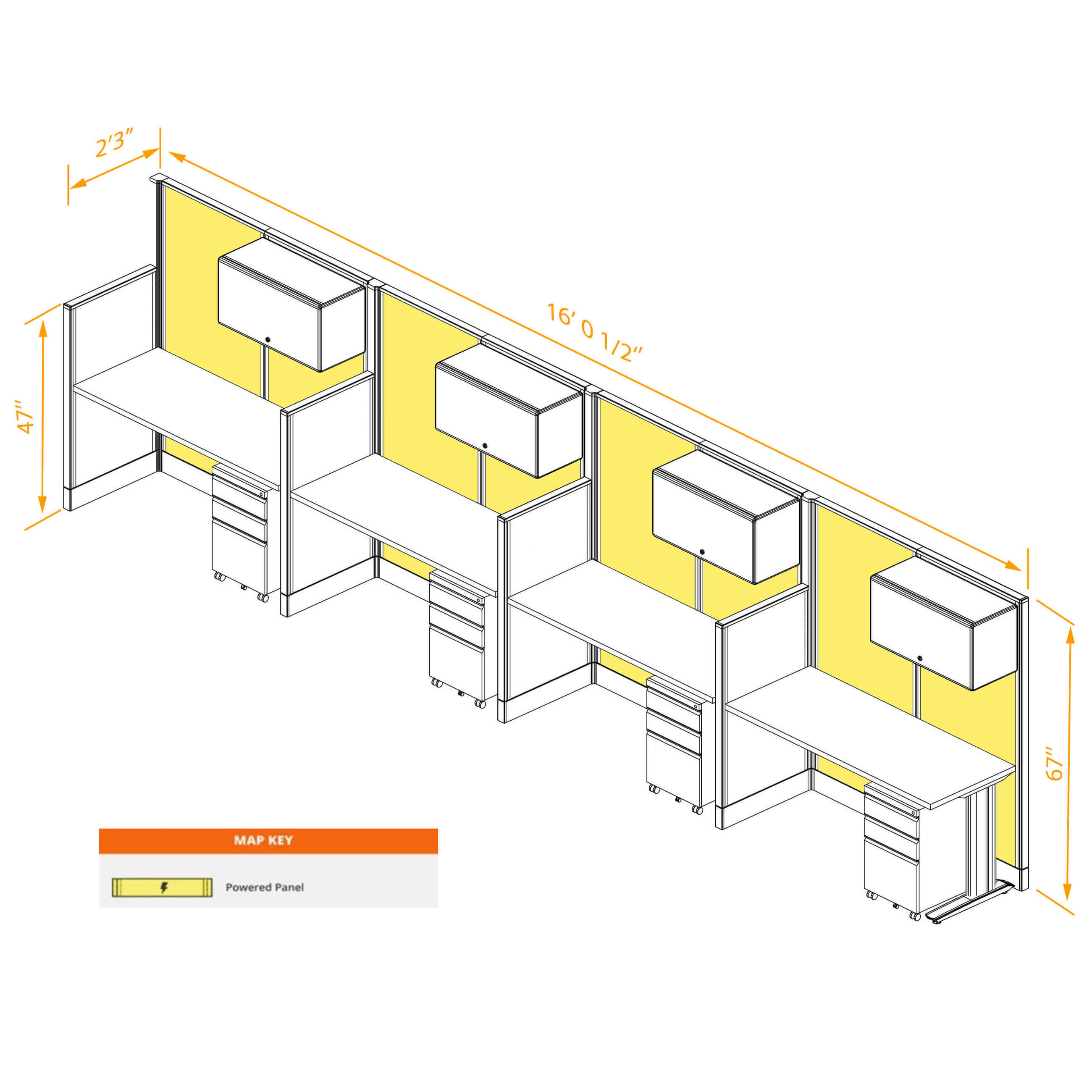 Straight workstations 4pack inline powered with storage dimensions Straight workstations 4pack inline powered with storage dimensions