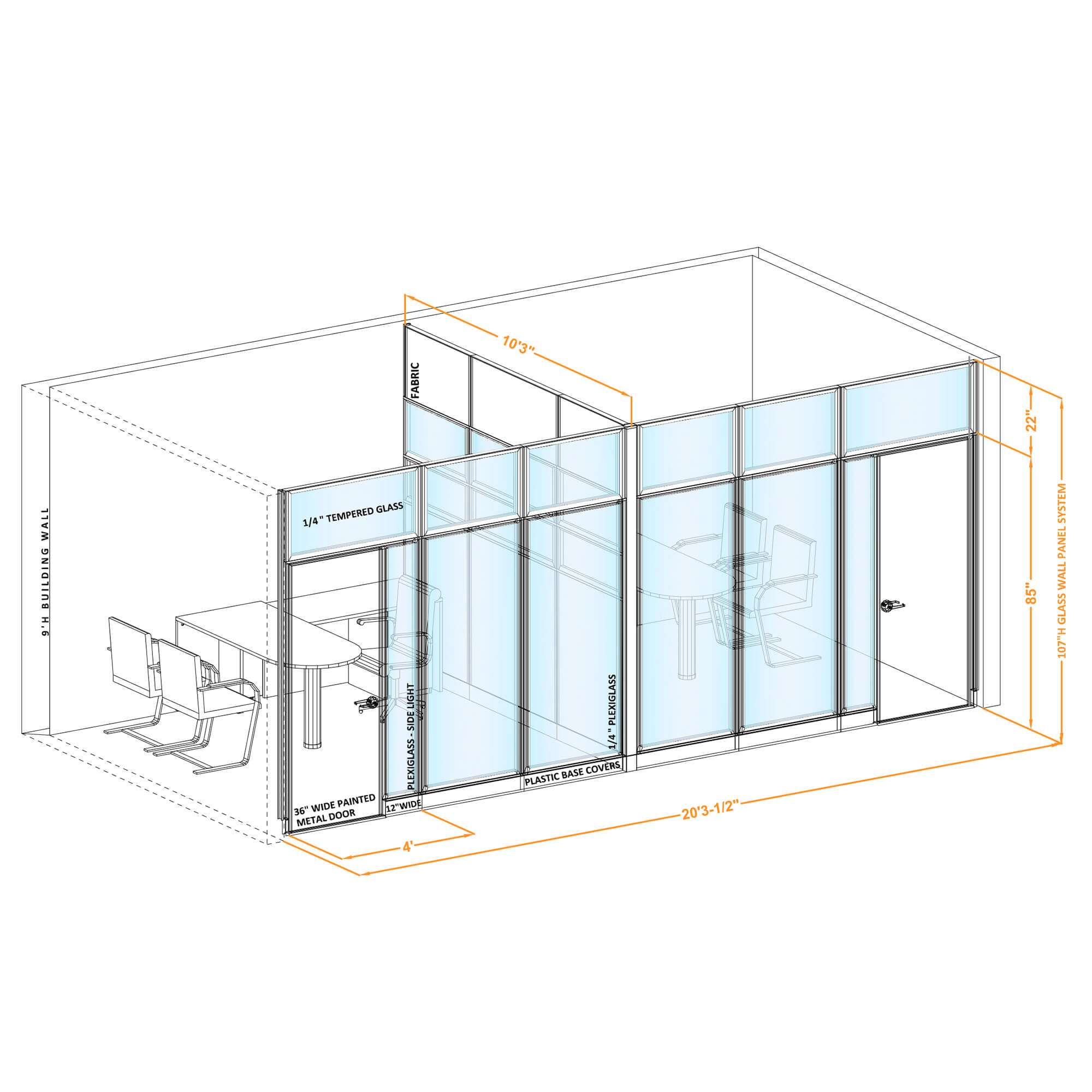 Modular glass office walls GWO T 100x100x1070 Modular glass office walls GWO T 100x100x1070