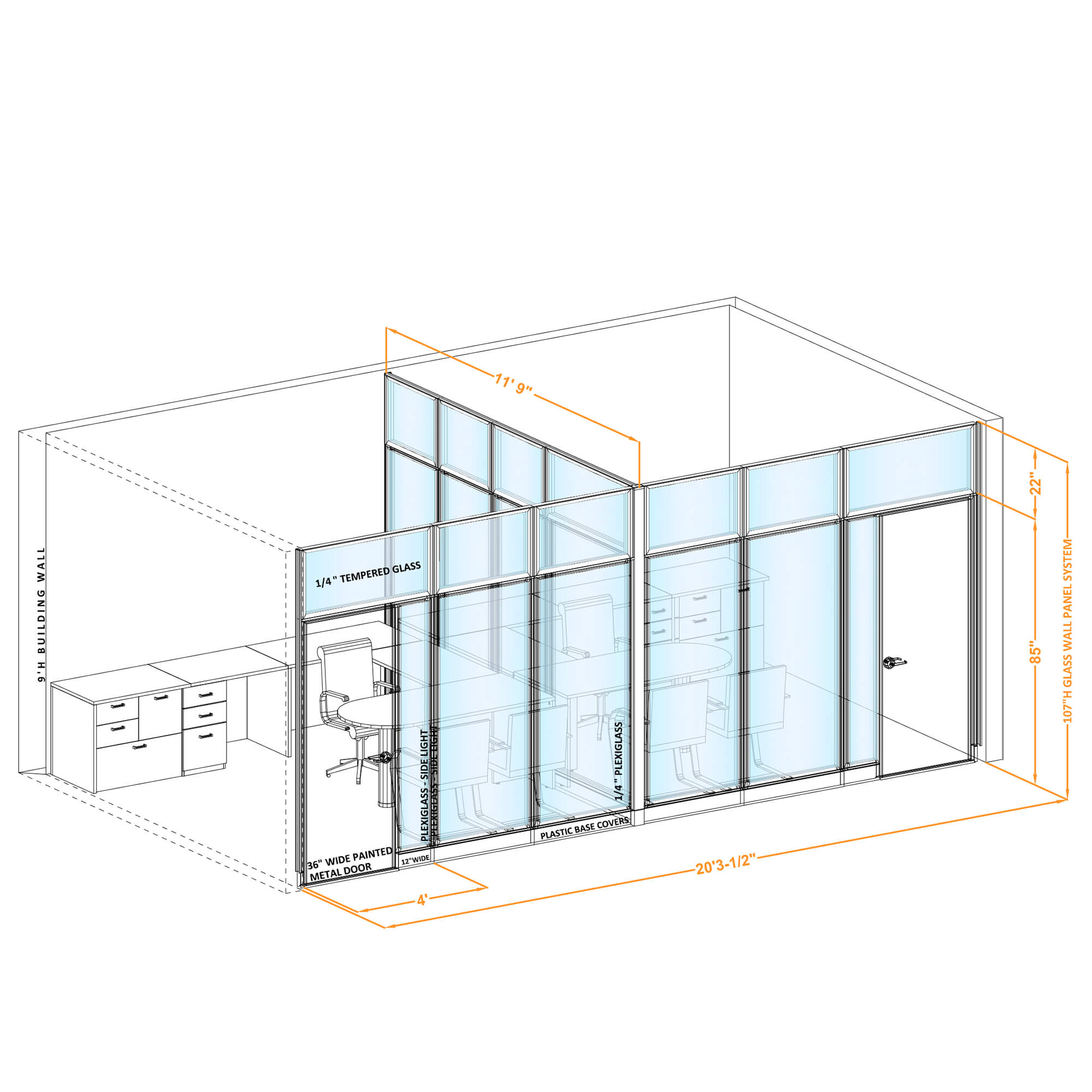 Modular glass office walls GWO T 100x116x1070 Modular glass office walls GWO T 100x116x1070