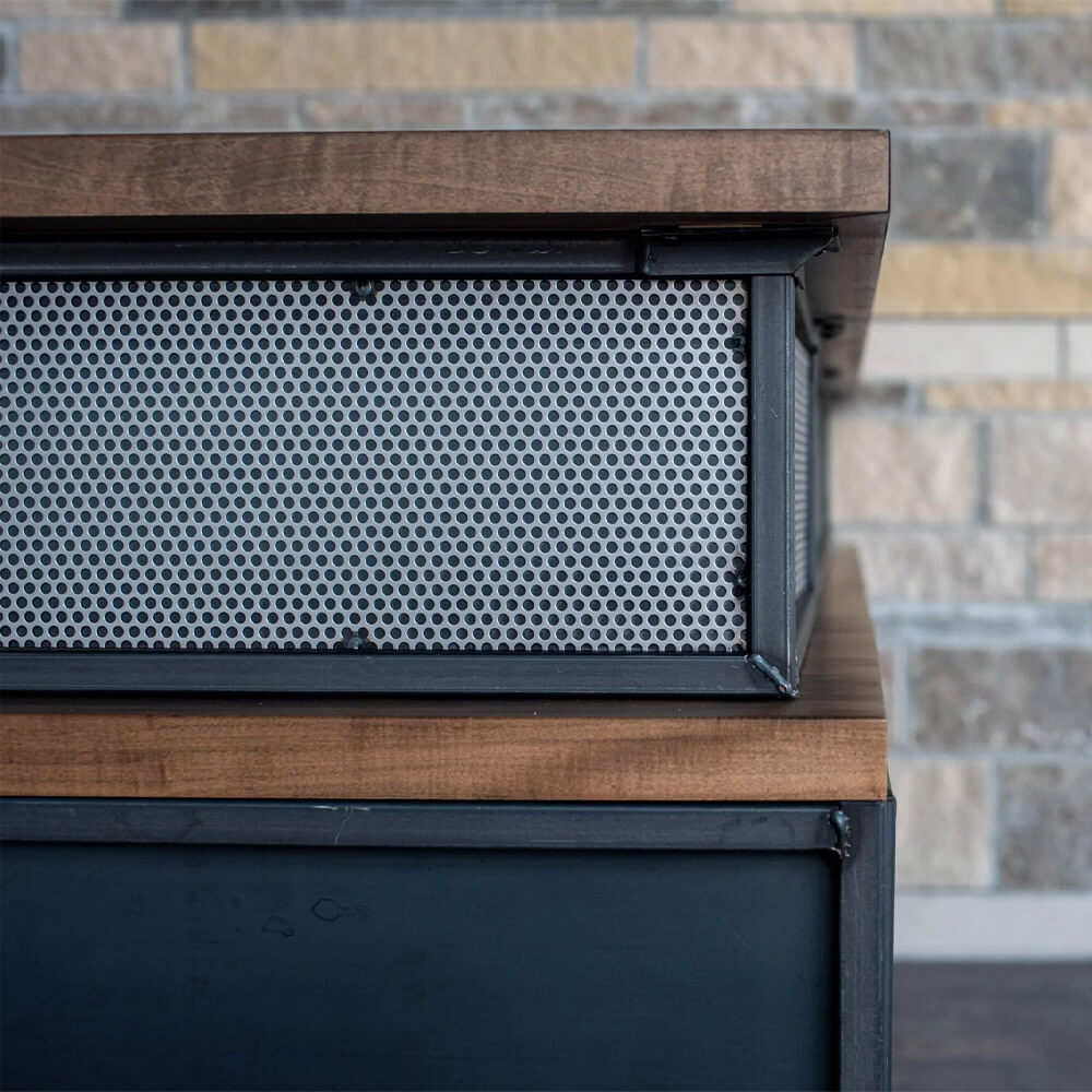 Industrial reception desk with return perforated front Industrial reception desk with return perforated front