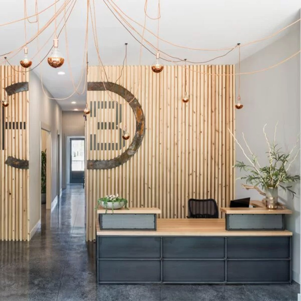 Urban industrial reception desk environmental view Urban industrial reception desk environmental view