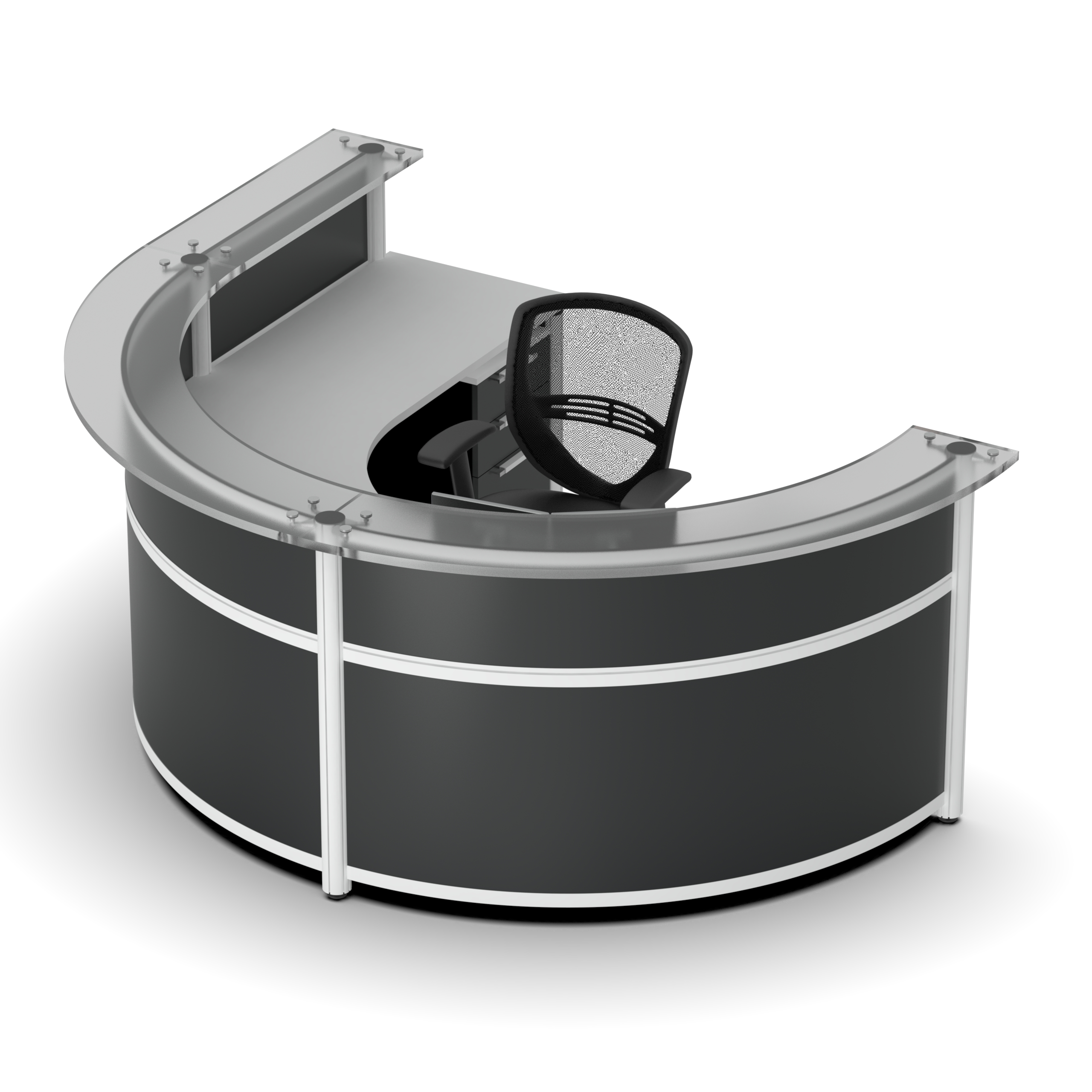 Contemporary reception desk with glass transaction top up lateral view 1 Contemporary reception desk with glass transaction top up lateral view 1