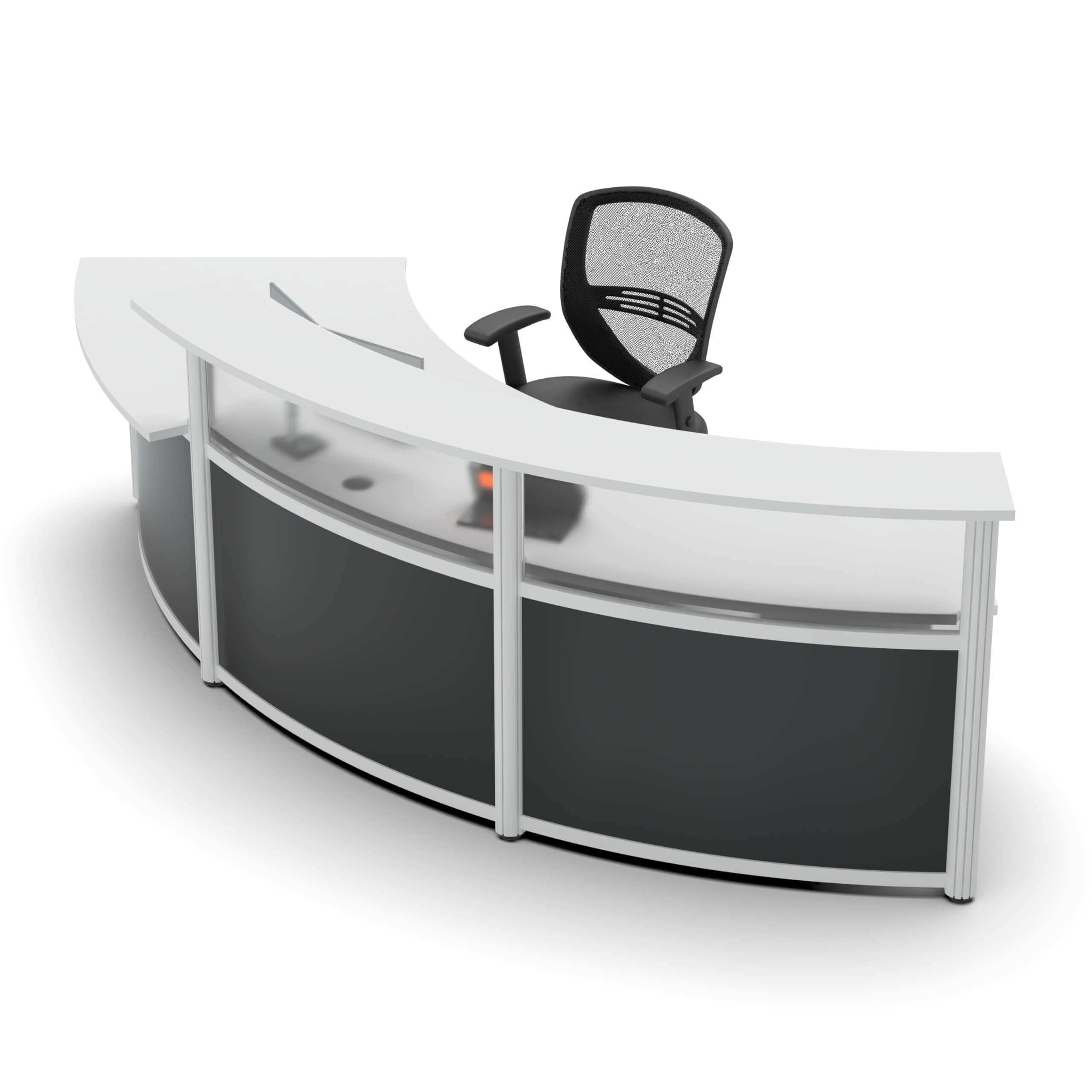 Corner reception desk with fron curve front lateral view Corner reception desk with fron curve front lateral view