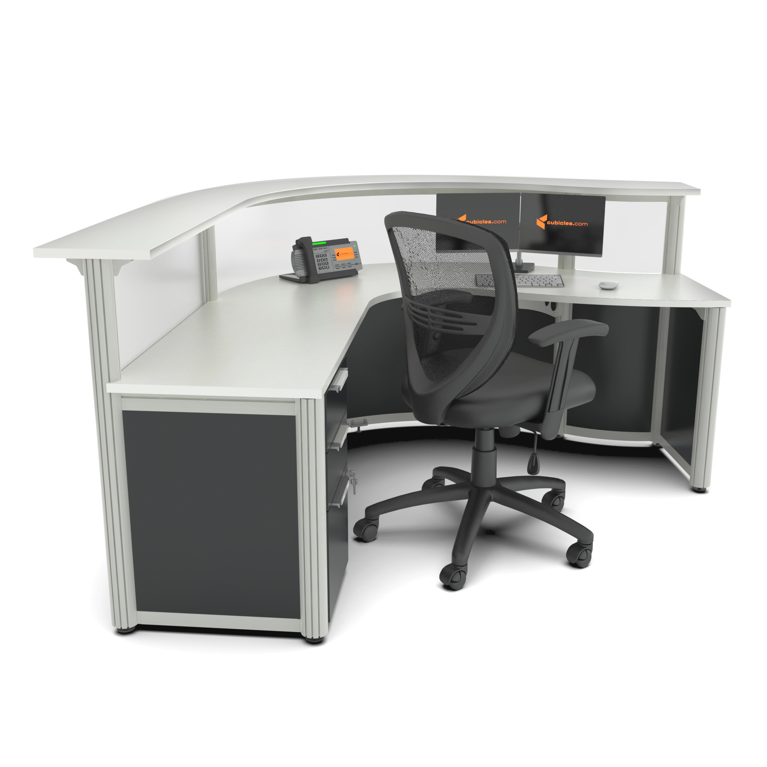 Reception desk curved with frosted acrylic panel inside lateral view Reception desk curved with frosted acrylic panel inside lateral view