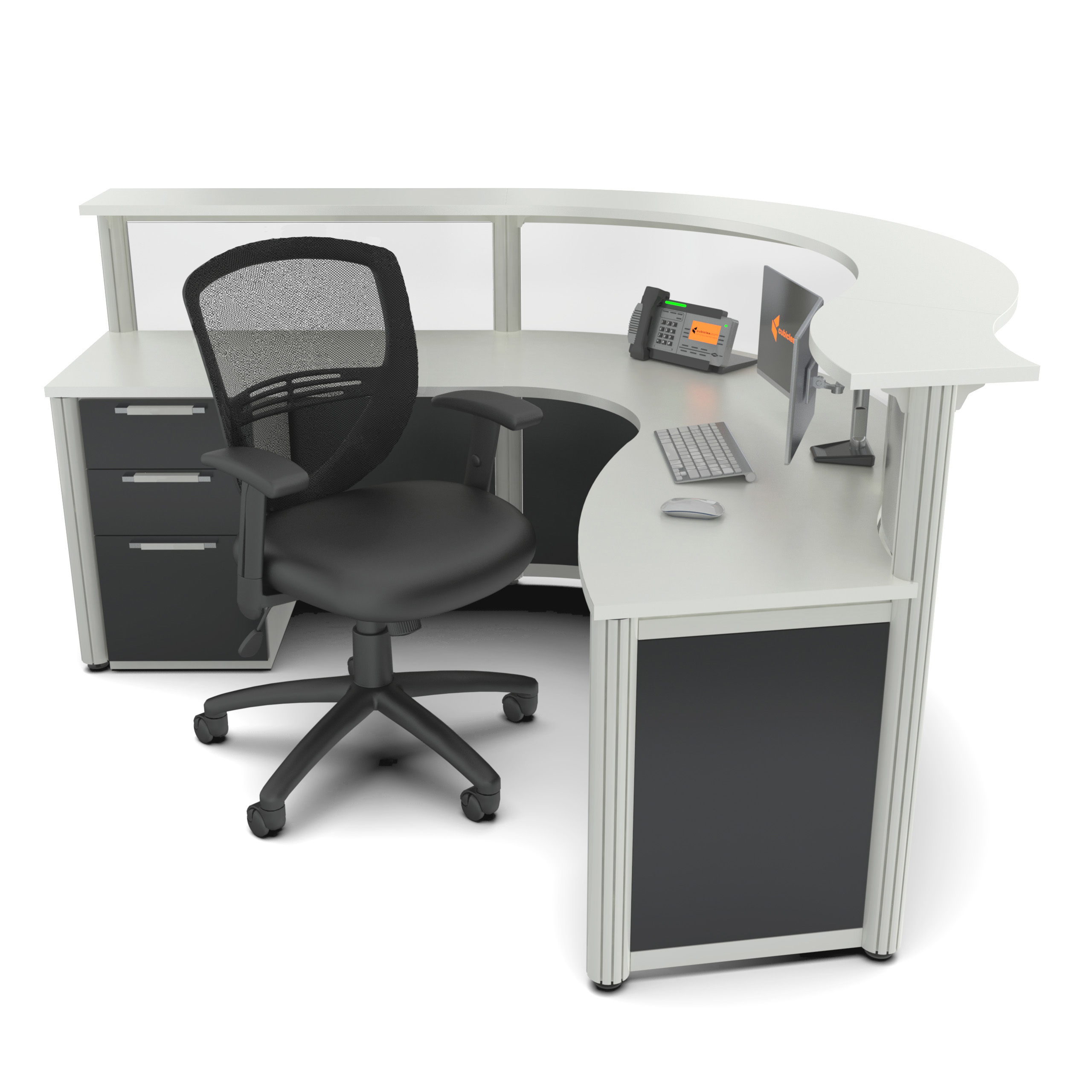 Reception desk curved with frosted acrylic panel right inside lateral view Reception desk curved with frosted acrylic panel right inside lateral view