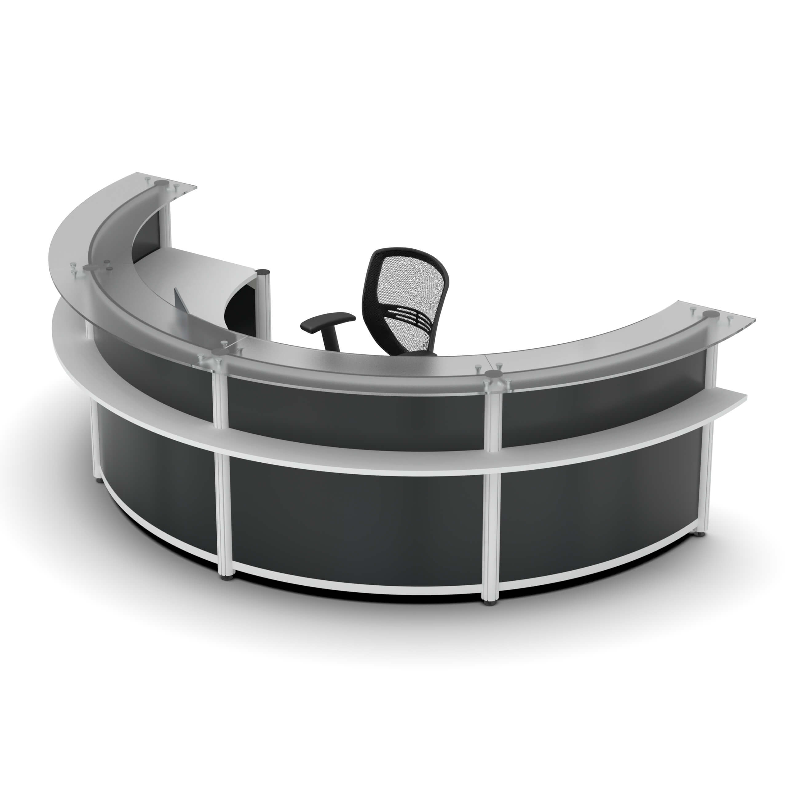 Round reception desk with glass transaction top front lateral view Round reception desk with glass transaction top front lateral view