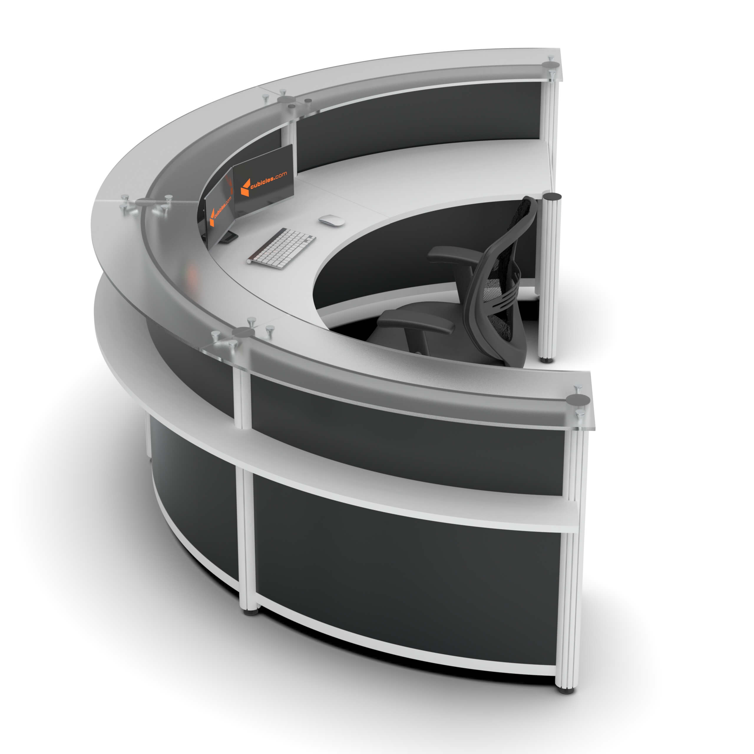 Round reception desk with glass transaction top lateral left view Round reception desk with glass transaction top lateral left view