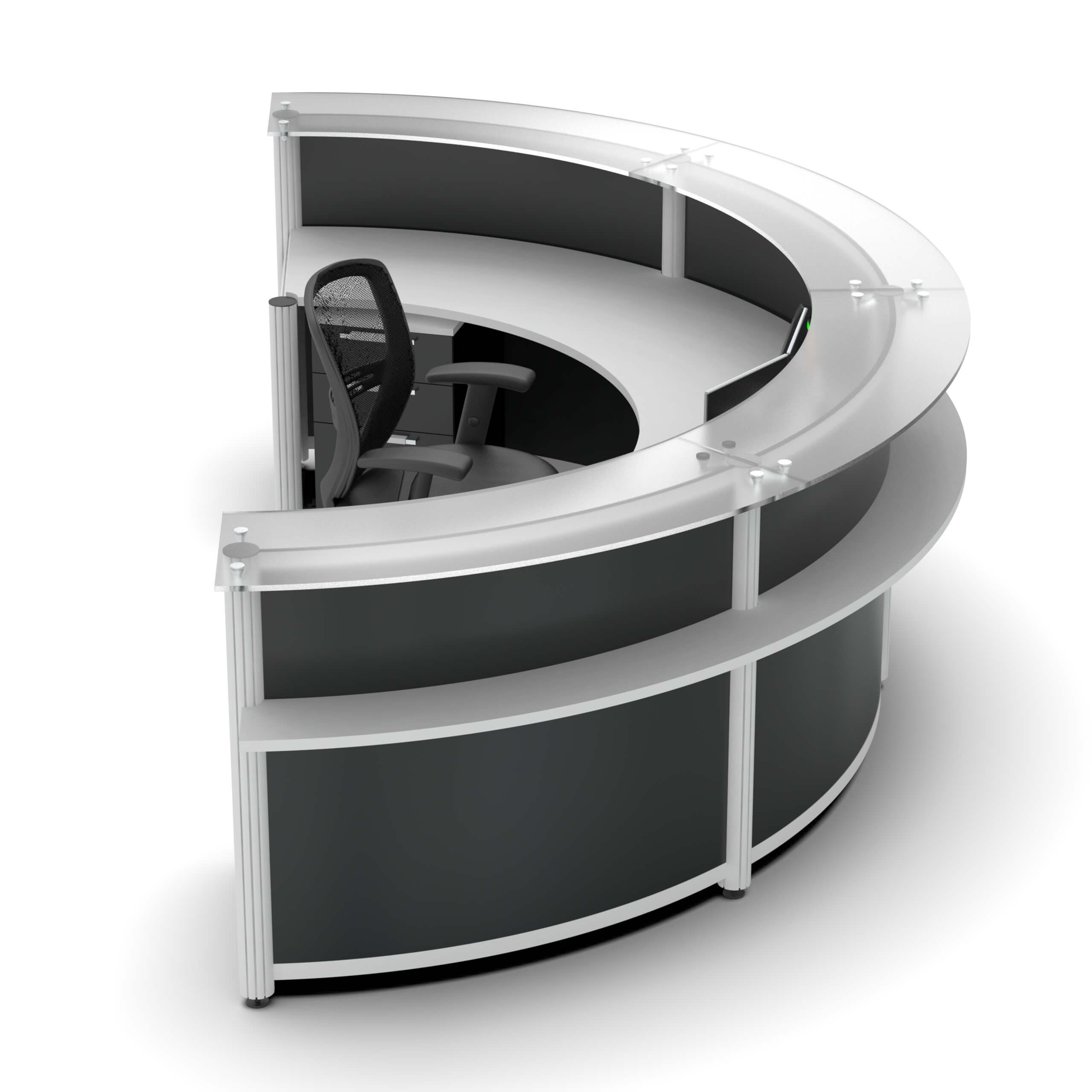 Round reception desk with glass transaction top lateral view Round reception desk with glass transaction top lateral view