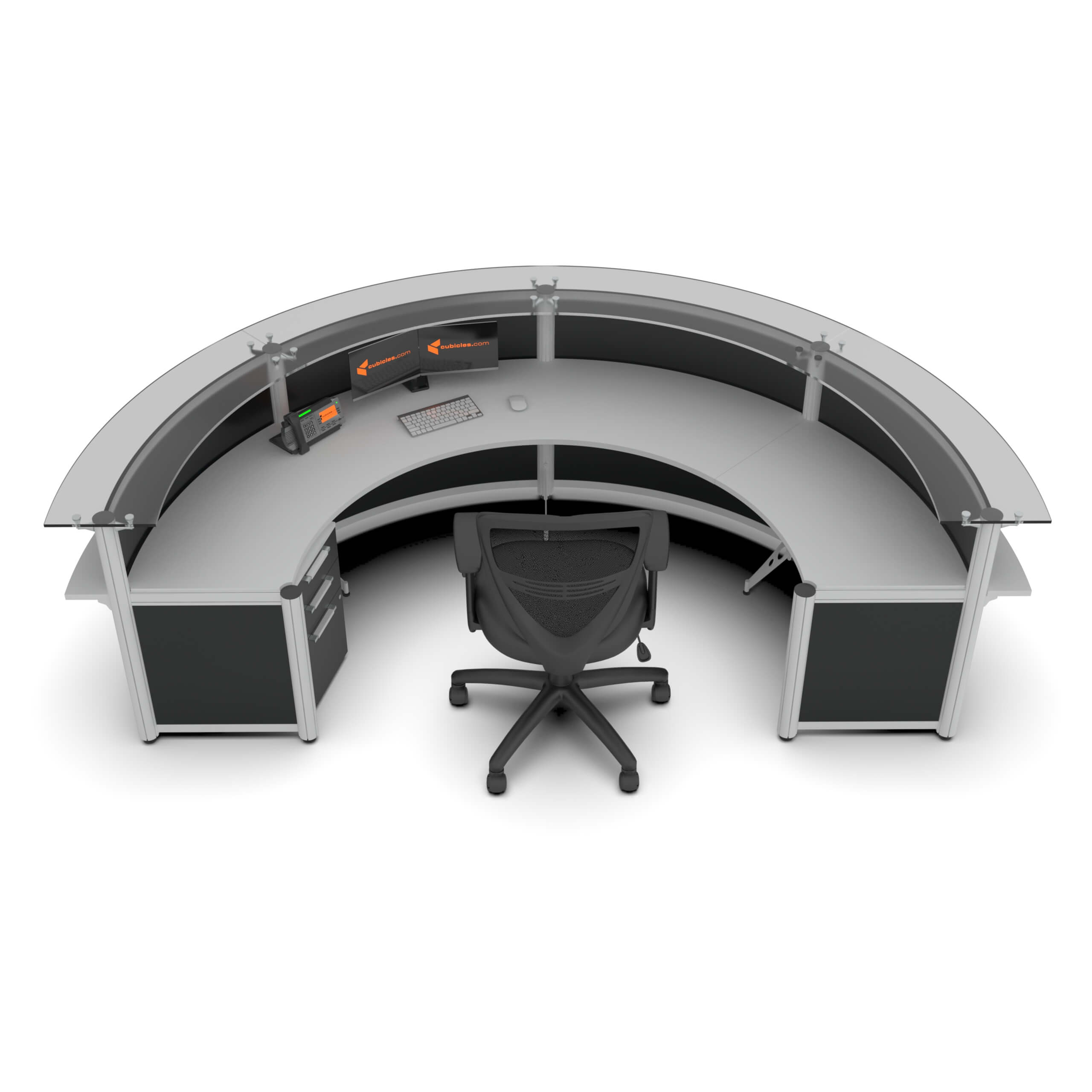Round reception desk with glass transaction top up view Round reception desk with glass transaction top up view