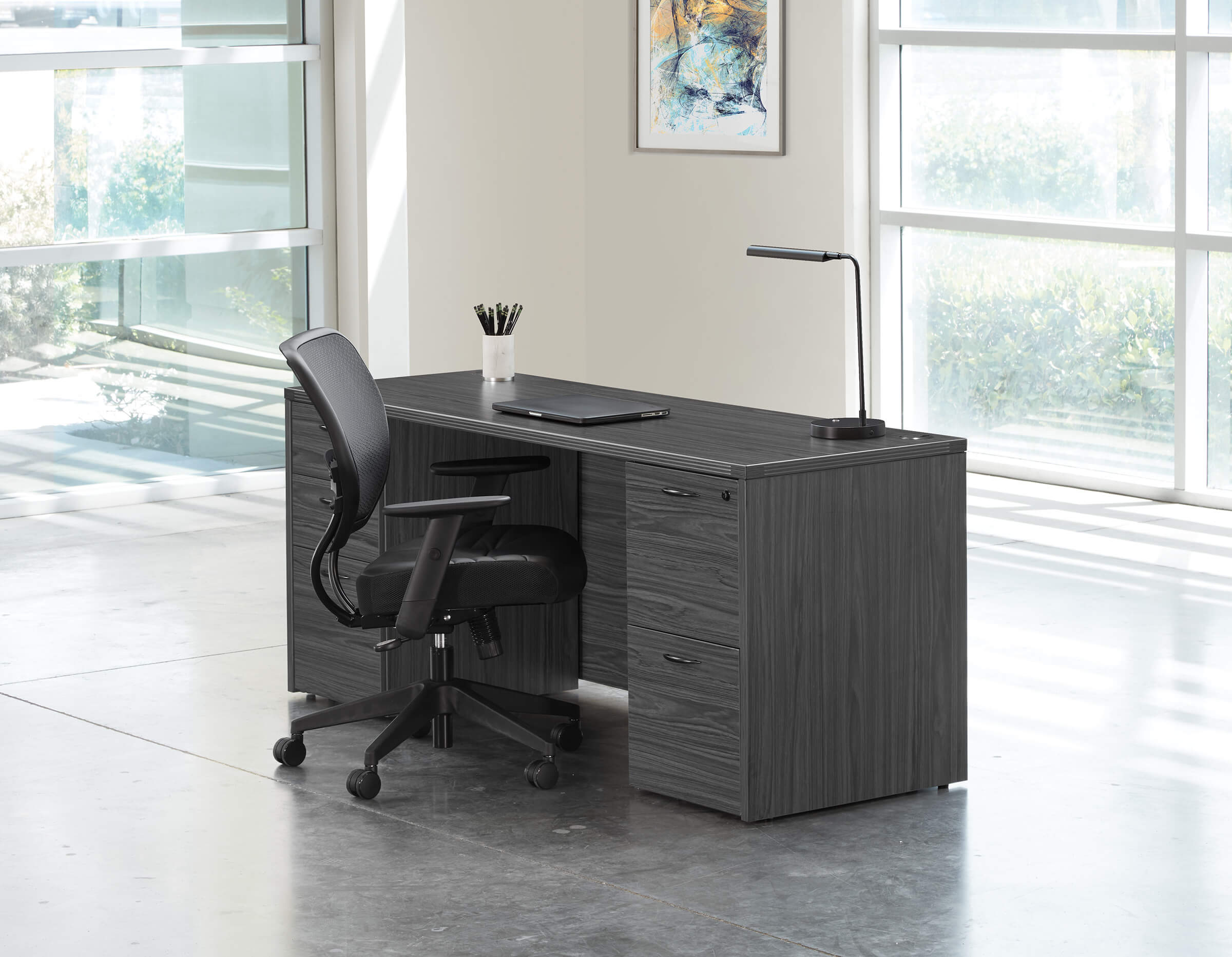 Straight office desk contemporary office desk laminate office desk slate grey space view 1 2 Straight office desk contemporary office desk laminate office desk slate grey space view 1 2