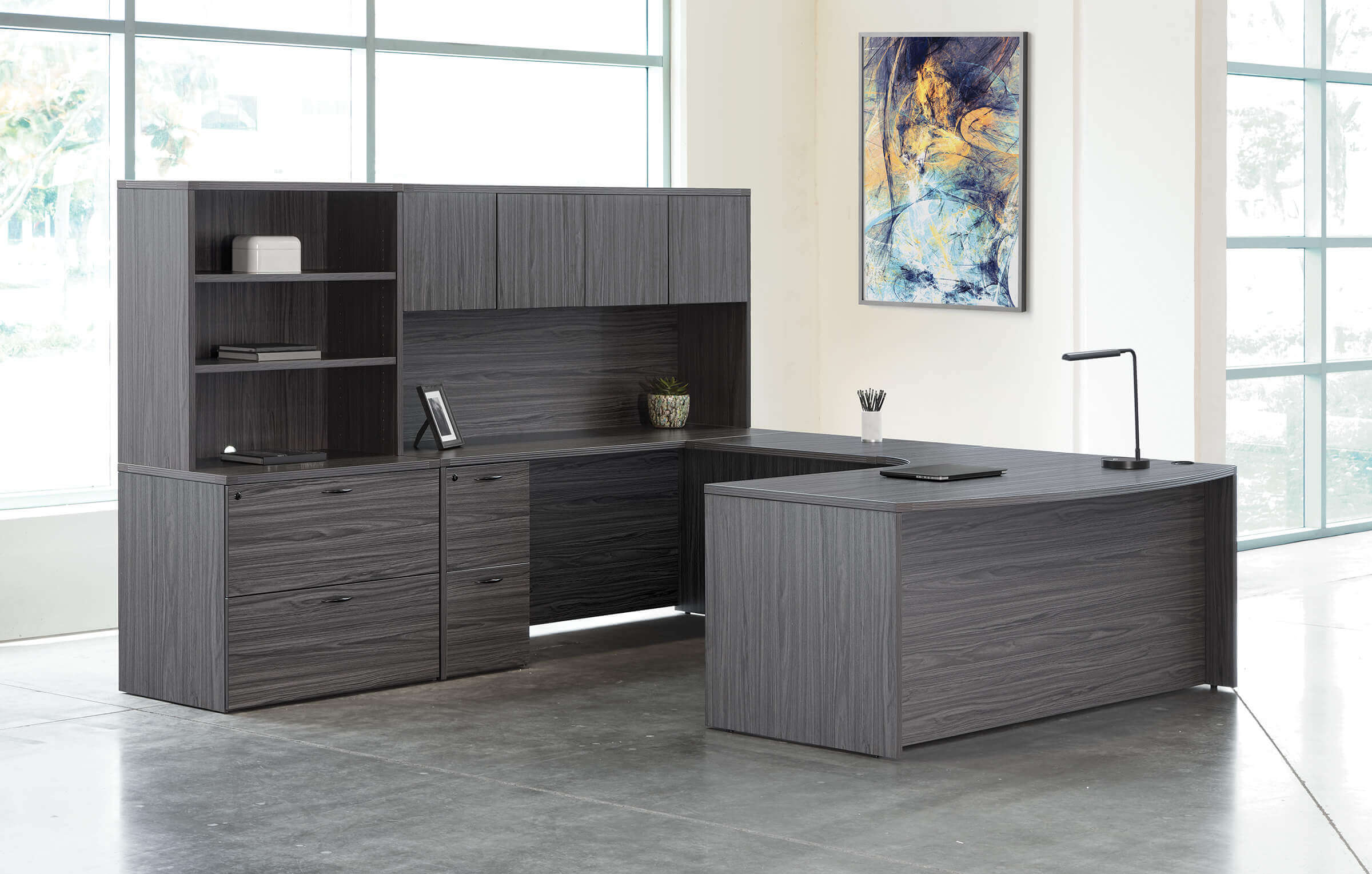 U shaped desk u shaped desk with hutch modern u shaped with hutch slate grey space view 1 U shaped desk u shaped desk with hutch modern u shaped with hutch slate grey space view 1